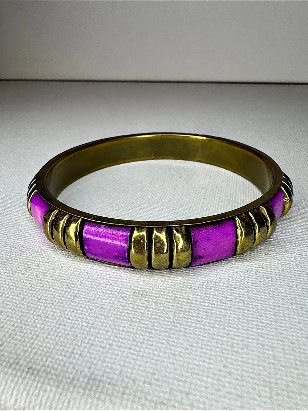 Vintage Brass Bangle Bracelet Purple Wooden Inlay
